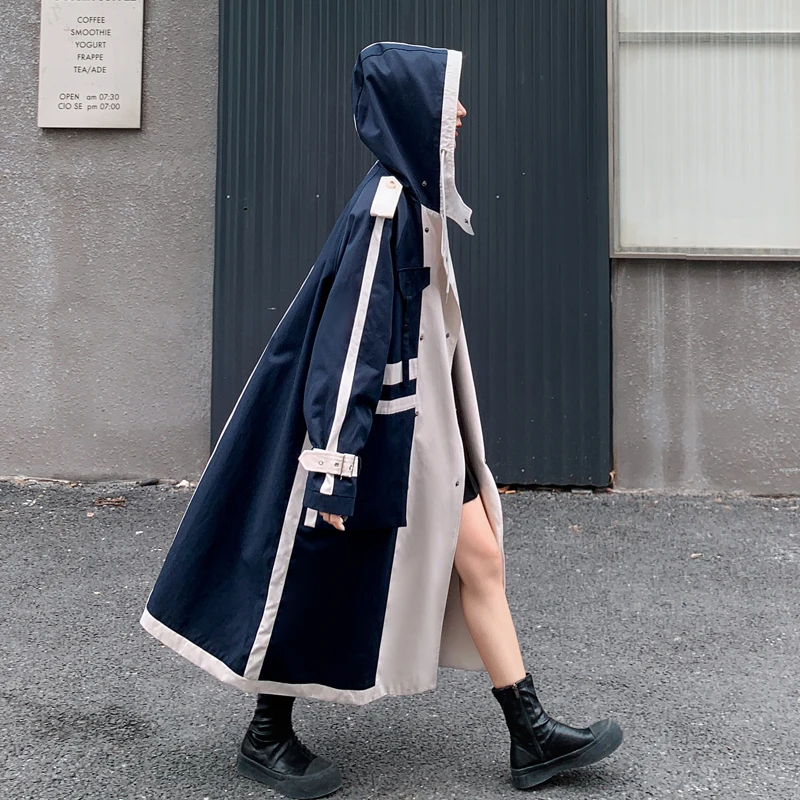 Gabardina con capucha y doble botonadura para mujer, abrigo de retales de gran tamaño con cinturón, prendas de vestir exteriores para primavera y otoño