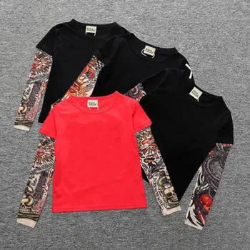 

Hot 2020 spring and autumn new boys and girls T-shirts children's clothing long-sleeve stitching hip-hop sashimi tattoo sleeves.