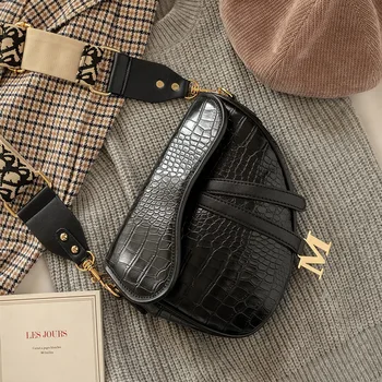 

Women's 2020 bag crocodile pattern saddle bag new black female bag fashion retro messenger shoulder lady handbag