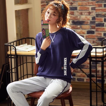 

XIZOU Winter Casual Homewear Female Pyjamas Cottonl Loose Sleepwear Set Women Full Pajamas Set Long Sleeve Elastic Waist Pijama