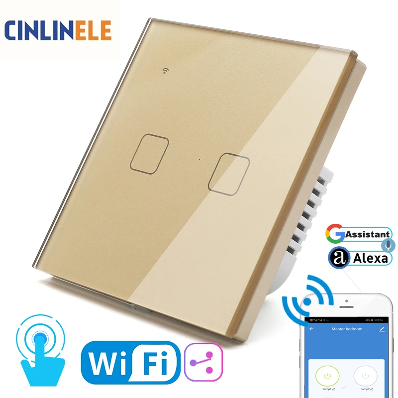 WIFI Touch Light Wall Switch Gold Glass Panel Blue LED EU& UK Universal Smart Home Phone Control 2 Gang 2 Way Square relay
