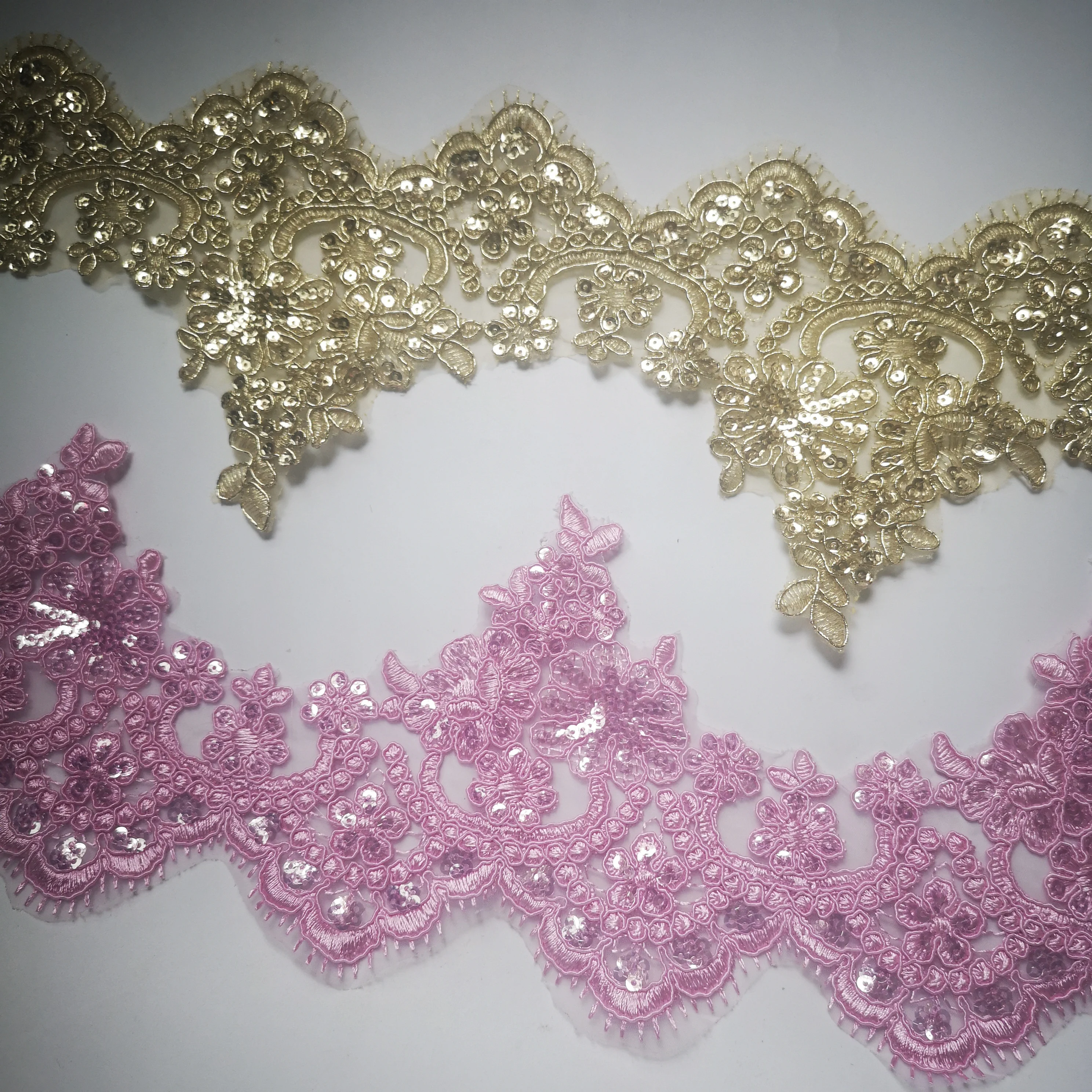 Gold Pink Lace Trim Luxury Embroidery Lace Fabric For Wedding Dresses 1Yard 13.5cm wide