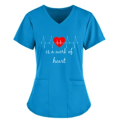 S-5XL 17Styles Heart Letter Print Short Sleeve V-neck Pocket Protective Clothing Soft Nurse Working Uniform Tops