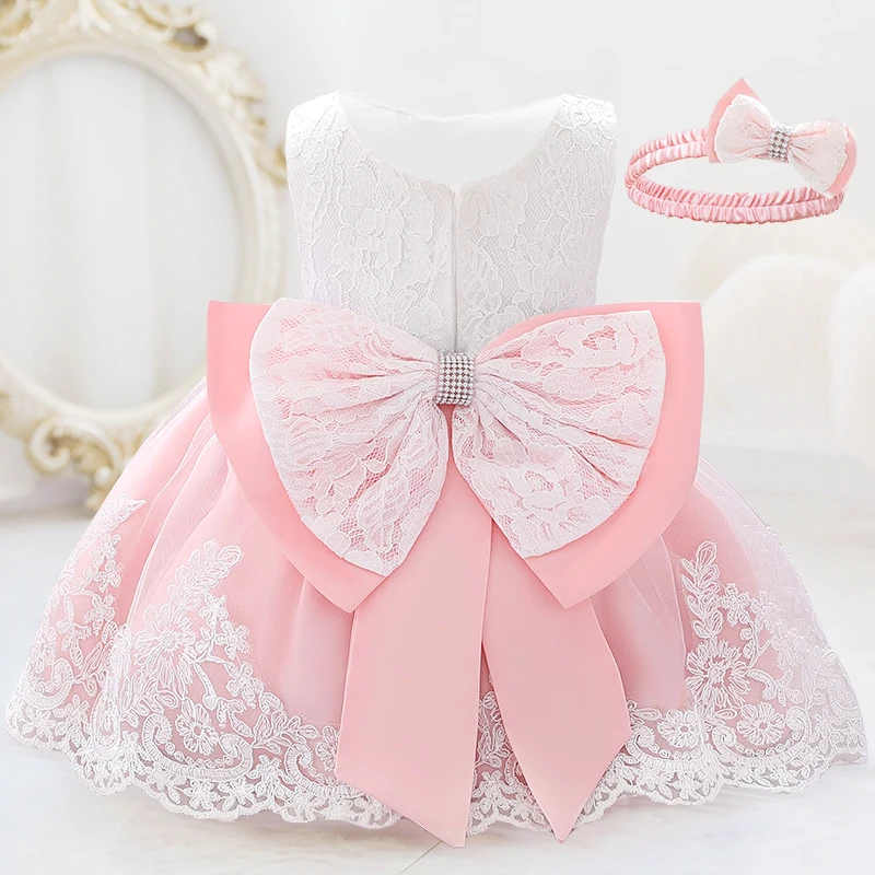 Infant First Birthday Dress Baby Girl Costume Big Bow Princess Baptism Party Dress