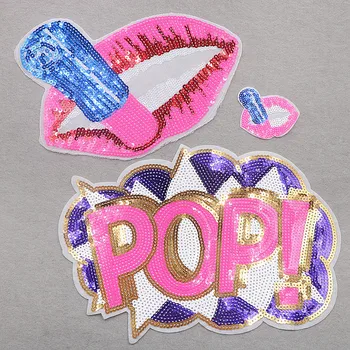 

Large high quality embroidered iron cartoon lip letters sequins patch clothes hat decoration repair sewing decals DIY applique