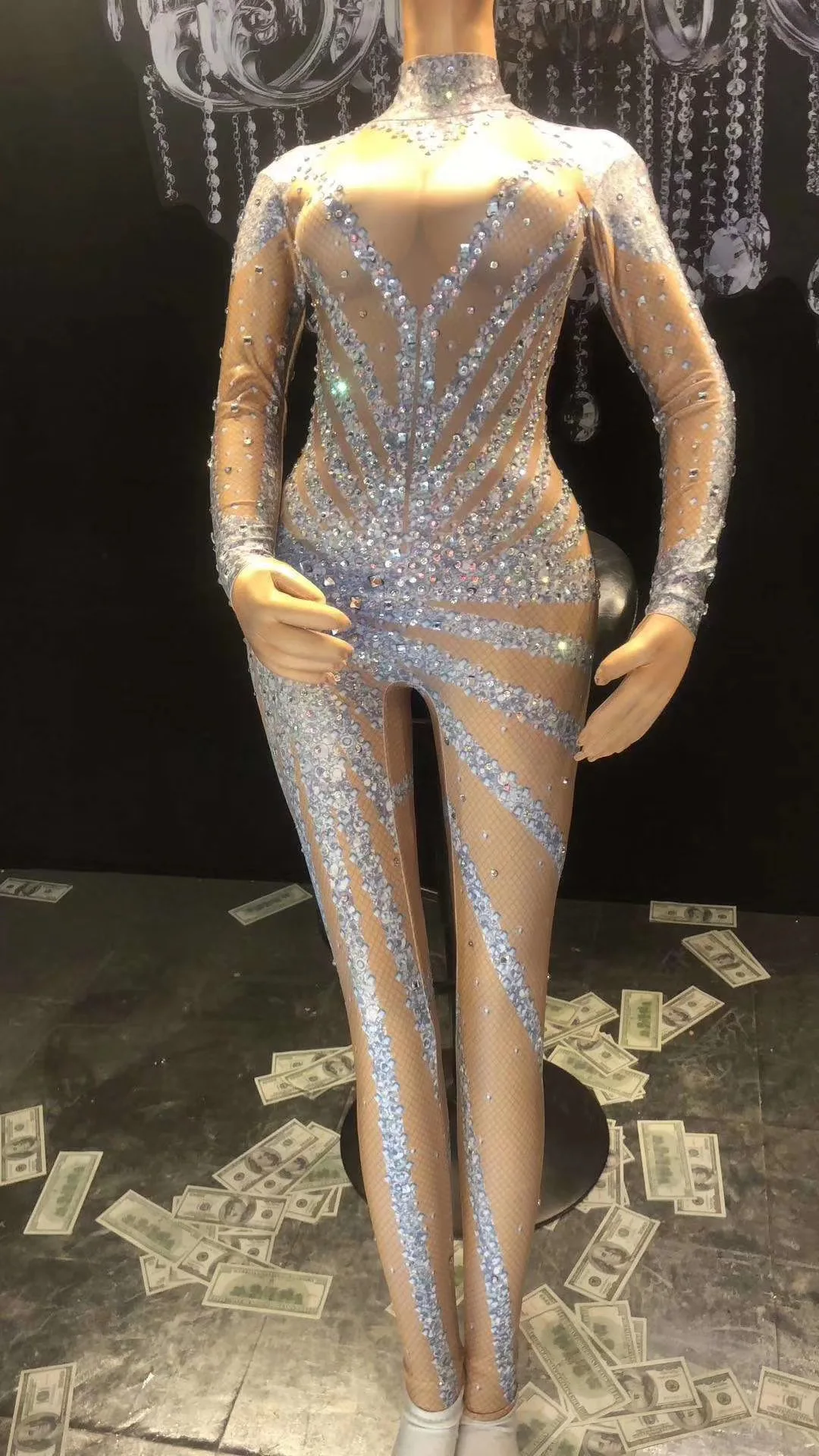 

Sparkly Shining Women Rhinestone Jumpsuits Silver Tight Elastic Leotard Pole Dancing Drag Queen Costumes Singer Show Stage Wear
