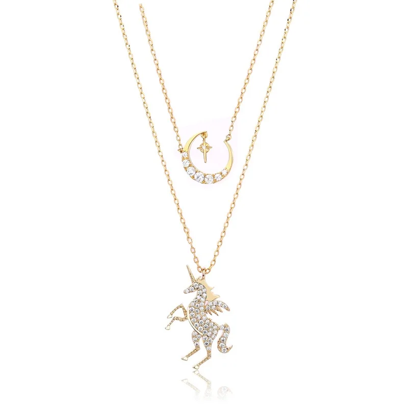 gold set OMHXFC LY07 Европейская мода для женщин подарок на день рождения свадьбу Луна Единорог Циркон 925 пробы серебряный кулон ожерелье - Цвет камня: gold set