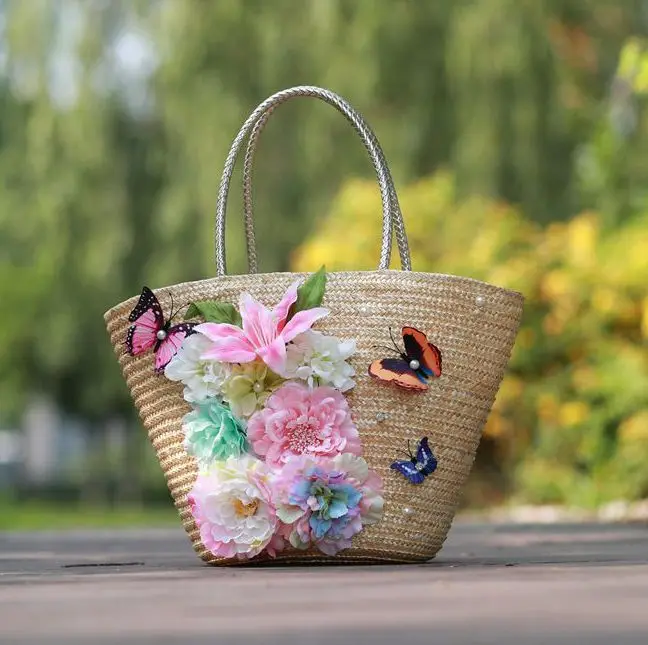 

Summer butterfly flower handmade straw beach hobos knitted handbags for woman top-handle ladies travel one shoulder bags