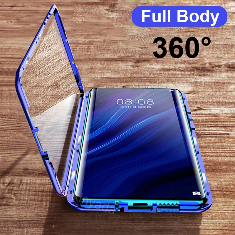 

double sided Glass Cover Case For Huawei Mate 20 P30 Pro P30 Lite Nova 4E Case Magnet 360 Full Body Flip Metal Magnetic Shell