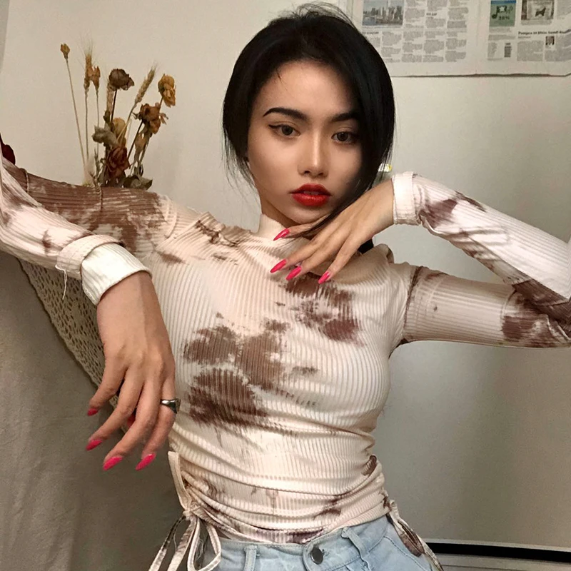 Rockmore Tie Dye Футболка женская облегающая повязка на шнурке рубашки для женщин с круглым вырезом и длинным рукавом Уличная одежда кроп-топ Винтажная Футболка