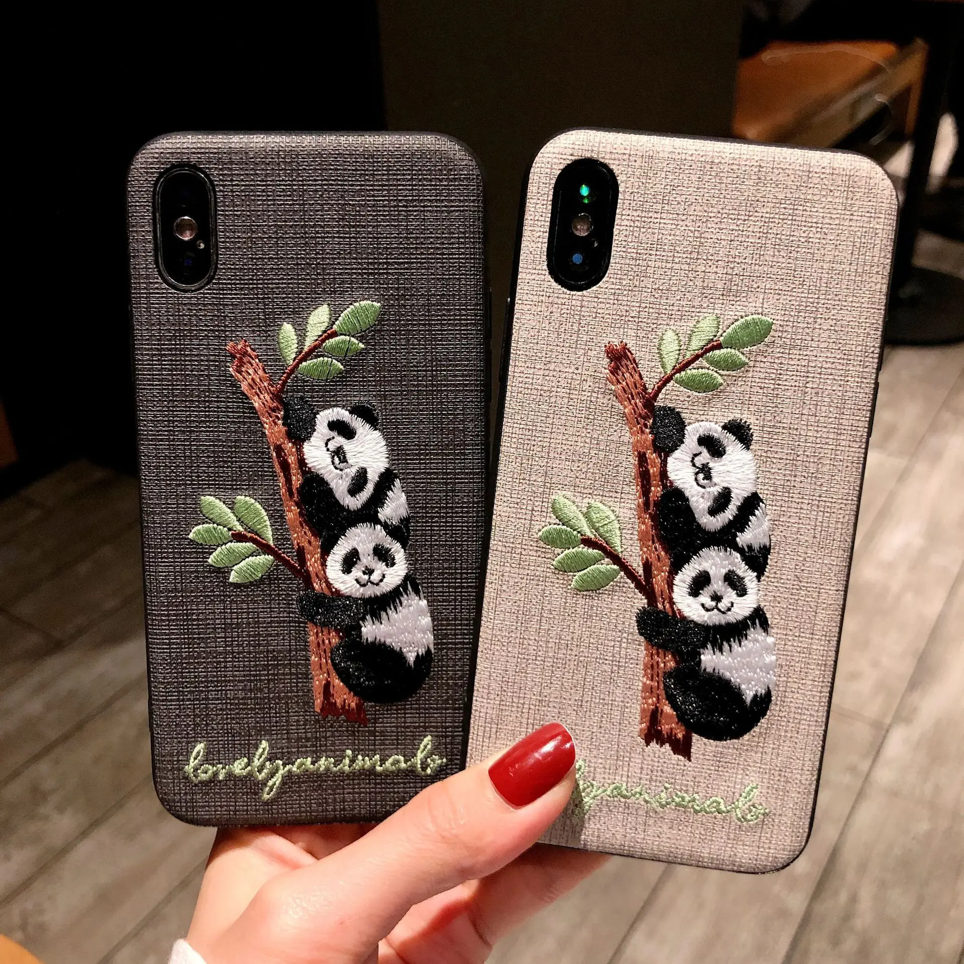

case for iPhone 11 XR 7 8 11 Pro Max X XS Max Plus 6 6s cover climbing tree panda Embroidered All-Inclusive Soft Case Fabric