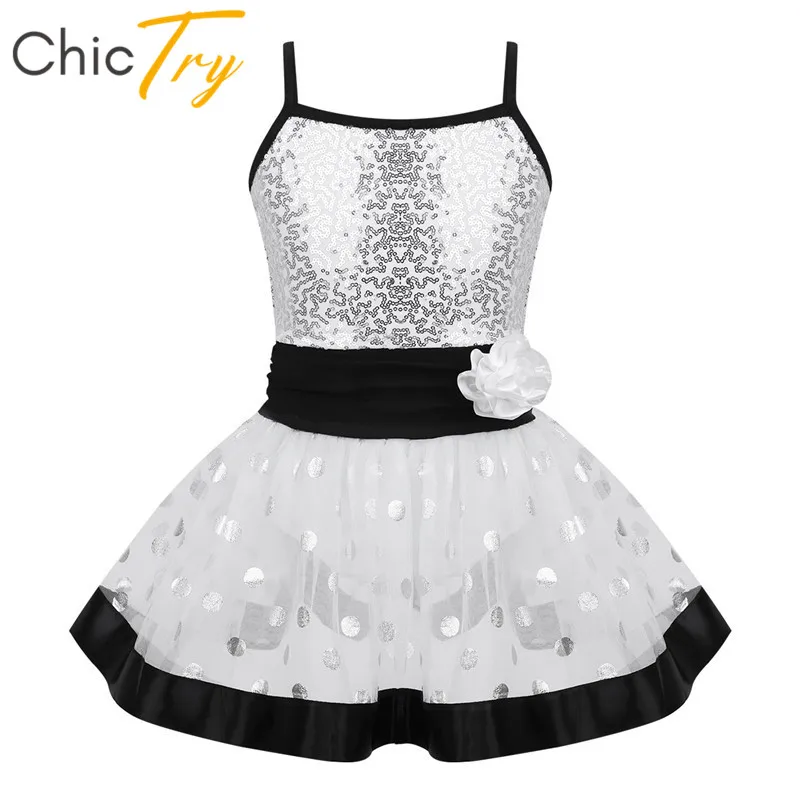 

ChicTry Kids Girls Stage Performance Dance Costume Spaghetti Straps Sequins Polka Dots Mesh Tutu Ballet Leotard Dress Dancewear
