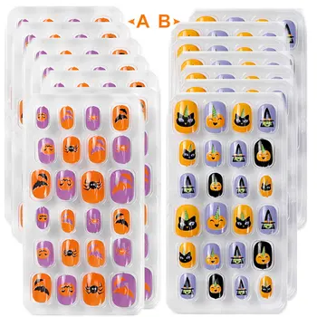 

168PCS Kids Halloween False Nails Children Cute Full Cover Fake Nails Art Decor with Adhesive for Holiday Party Supplies