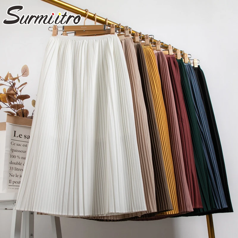SURMIITRO-Falda plisada por debajo de la rodilla para mujer, falda de cintura alta, estilo coreano, elegante, negro, para primavera y verano, 2021g, 350