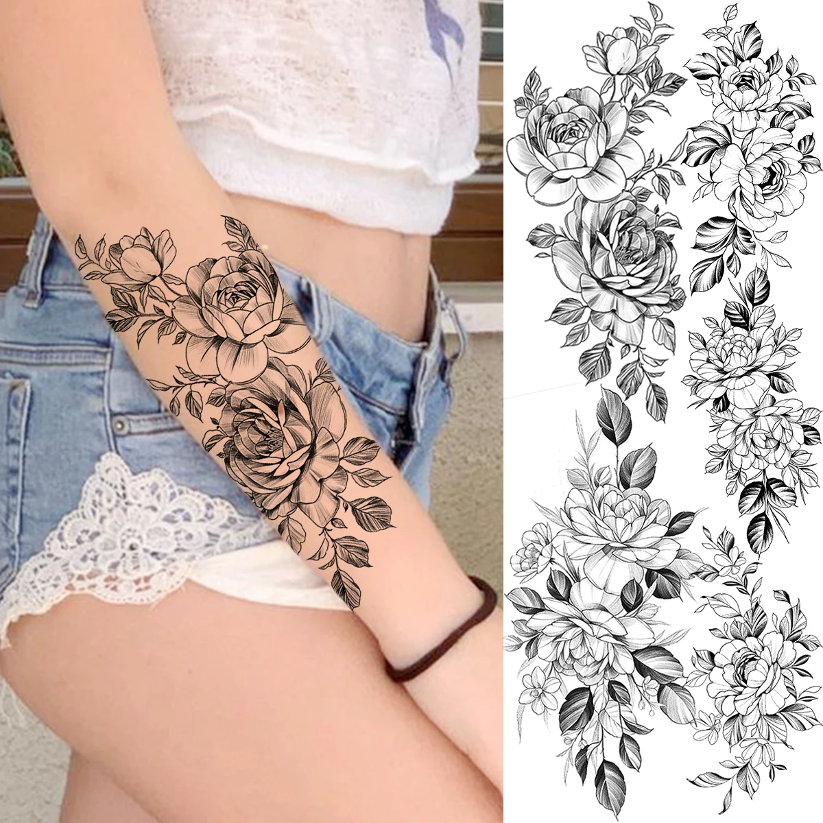 

3D Rose Flower Forearm Temporary Tattoos For Women Adult Girl Peony Realistic Fake Tattoo Body Art Water Transfer Tatoos Decal