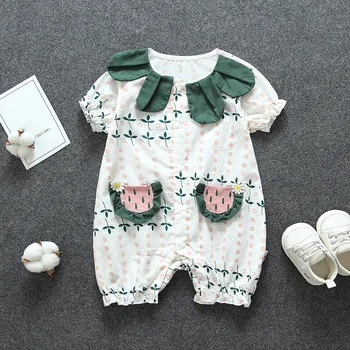 

Cute Pattern Short Sleeve Kids Summer Toddler Romper Decorative Lapel Jumpsuit For Newborn Ruffle Romper Soft Children Clothing