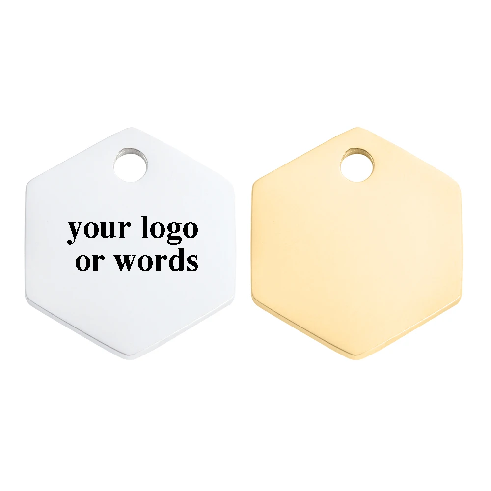 

MYLONGINGCHARM 50pcs Laser Engraved Logo Tag Custom your logo or text 10mm x 11.5 mm Hexagon Tags Charms For Necklaces Bracelets