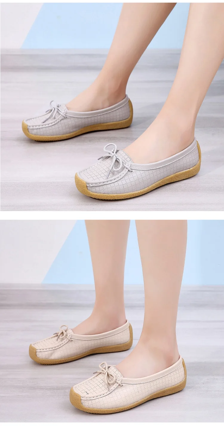 Genuine Leather shoes woman Lace up Gingham Beautiful women flat shoes Soft Fashion Flats for ladies Casual Loafers Antiskid