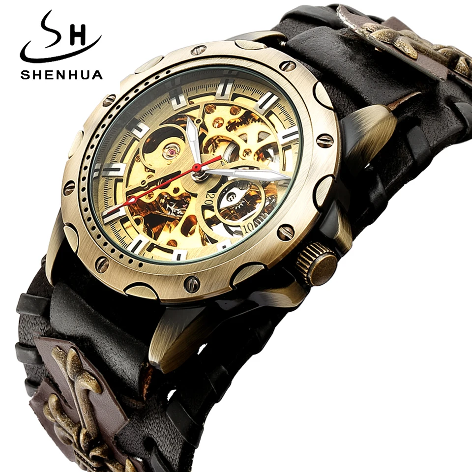 

Retro SHENHUA Gothic Bronze Men Skeleton Automatic Mechanical Watch Steampunk Leather Strap Clock Tourbillon Watch Reloj Hombre