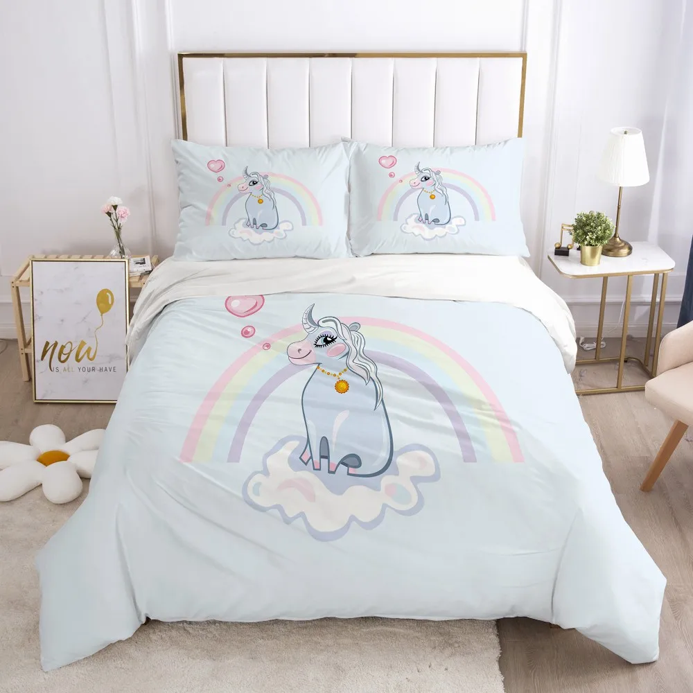 

Kids Cartoon Bedding Set for Children baby Crib Duvet Cover Set Pillowcase Blanket Quilt Cover 100x120/140x200 Blue Cute unicorn