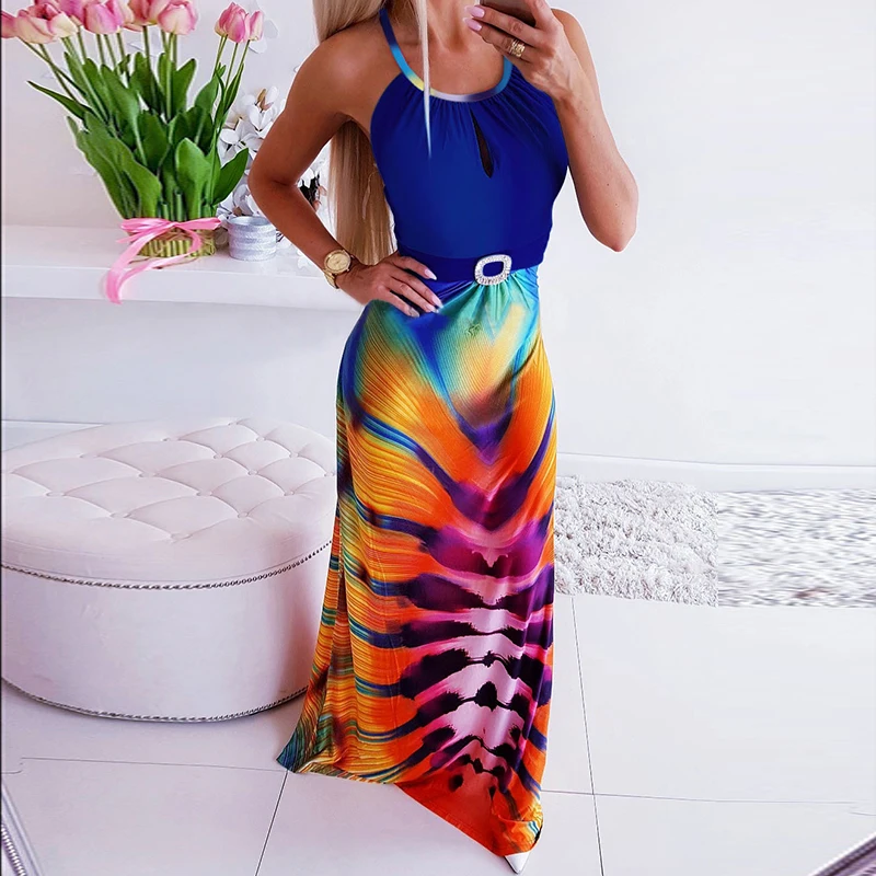 

2019 Dress For Women Boho Sexy Casual Sleeveless Backless Long Maxi Dress Ladies Summer Halter Neck Blue Holiday Beach Dress