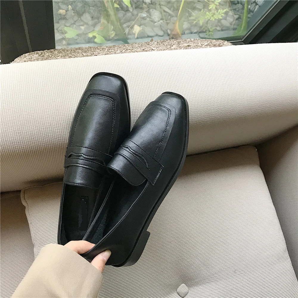 MOLAN Brand Designers Autumn Korean Fashion Luxury Genuine Leather Flats Women Shoes Slip On Loafers Casual Black Aplricot