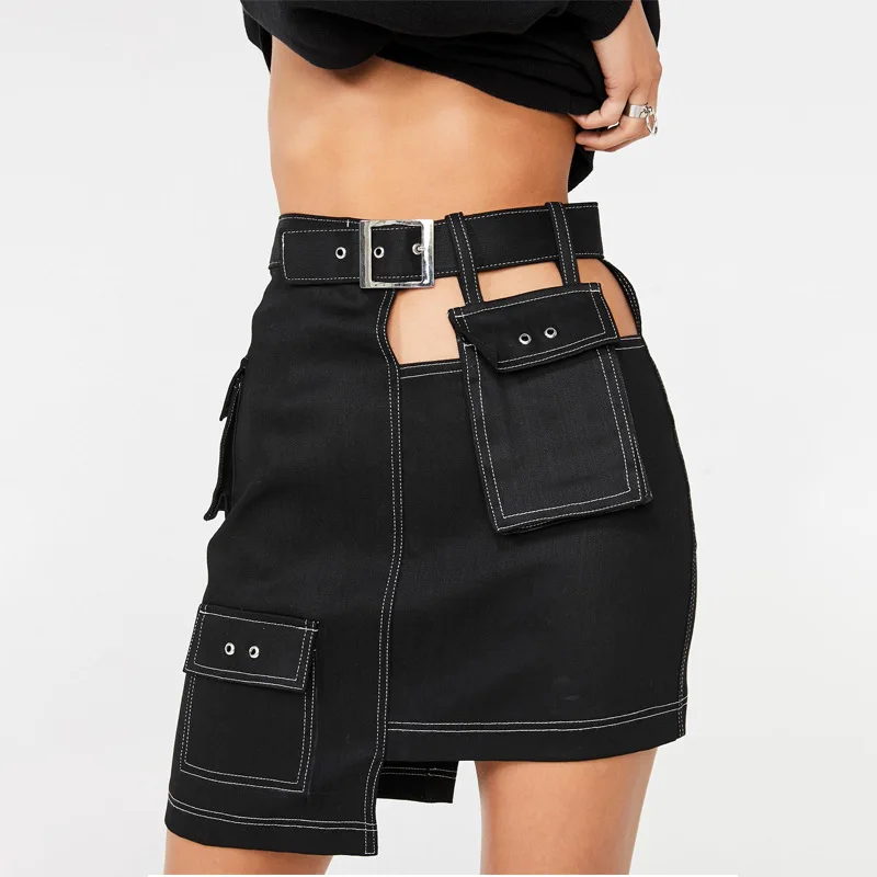 Летние женские новые полые дизайнерские черные женские короткие юбки с карманами женские джинсовые шорты юбка с высокой талией