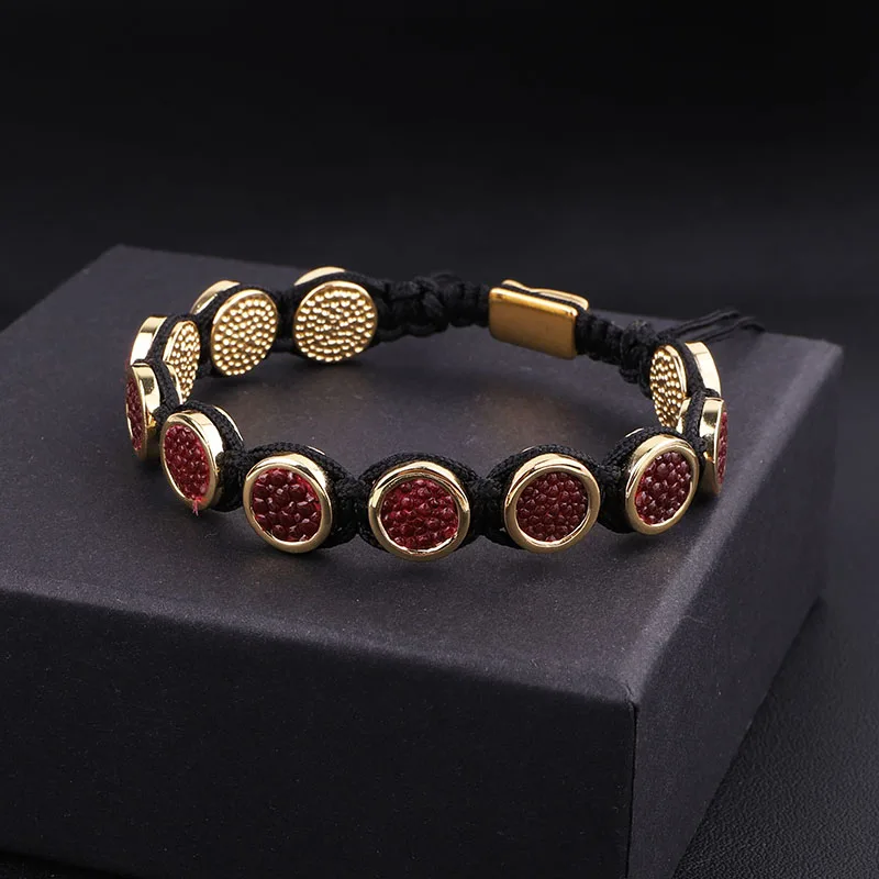 High Quality Red Fish Skin Leather Round Charm Braided Friendship Macrame Adjustable Bracelet Men