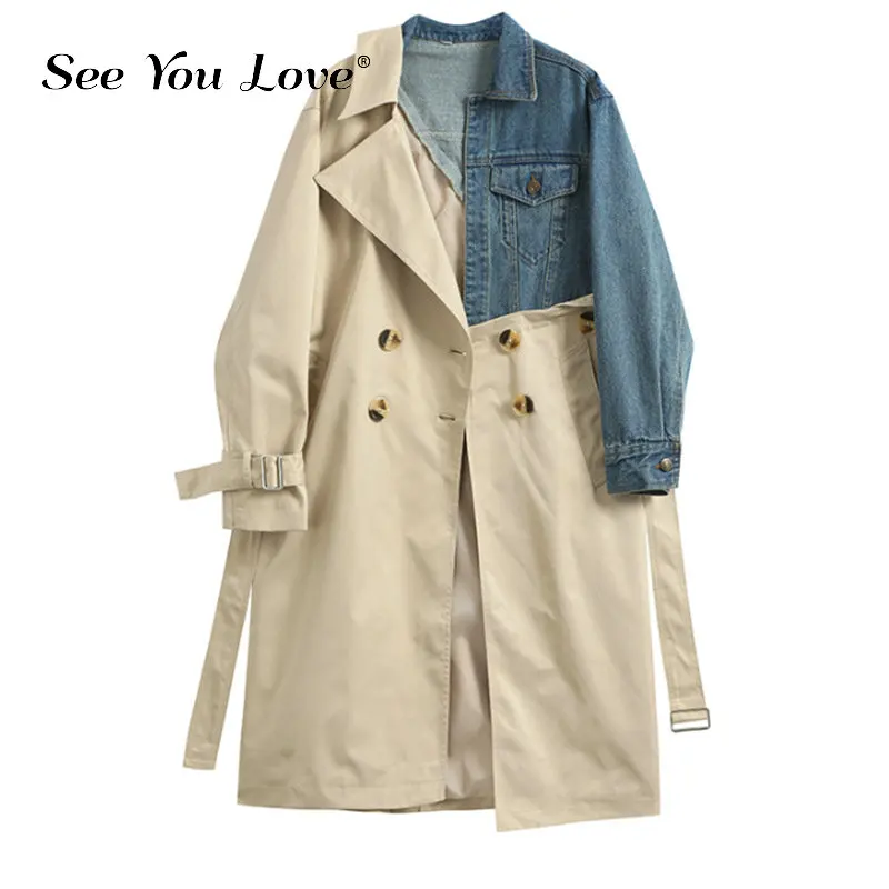 

See you love 2019 New Autumn Winter Lapel Long Sleeve Khaki Hit Color Denim Stitcing Loose Sashes Windbreaker Women Fashion Tide