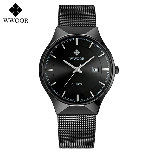 WWOOR Luxury Ultra Thin Mens Quartz Wristwatches Waterproof Casual Sports Mesh Steel Gold Automatic Date Watch Relogio Masculino times quartz watch price Quartz Watches