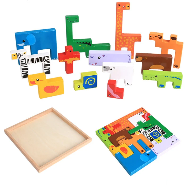 Детские деревянные игрушки 3D Животные головоломка креативный тетрис собрать паззл доска раннего образования игры дети Монтессори игрушки - Цвет: Многоцветный