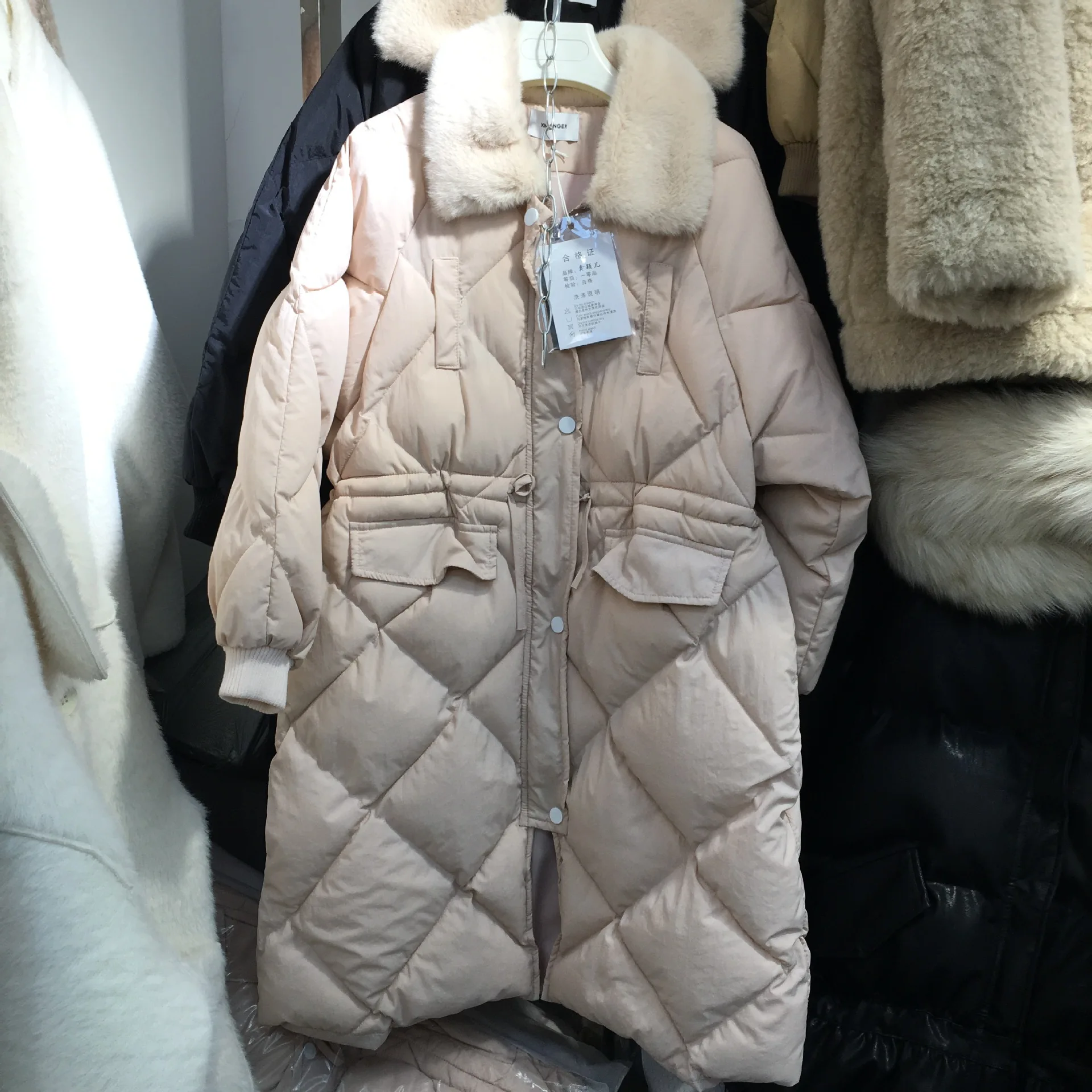 

2018 Winter New Style Korean-style Ulzzang Fold-down Collar Loose-Fit Rhombus Waist Hugging Mid-length Warm Cotton Coat