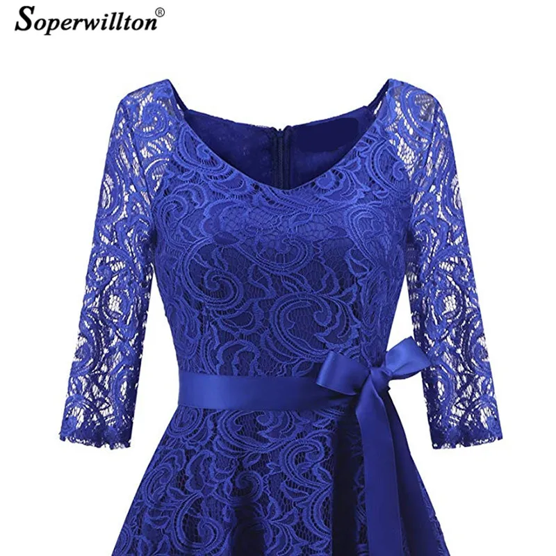 2019 осеннее кружевное платье женское с рукавом 3/4 и v образным вырезом Красное