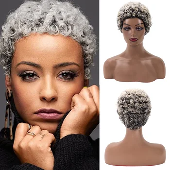 Parrucca sintetica corta Afro ricci Ombre parrucche grigie per donna parrucca riccia crespa bianca mista grigia parrucca Cosplay dall'aspetto naturale Pixie Cut