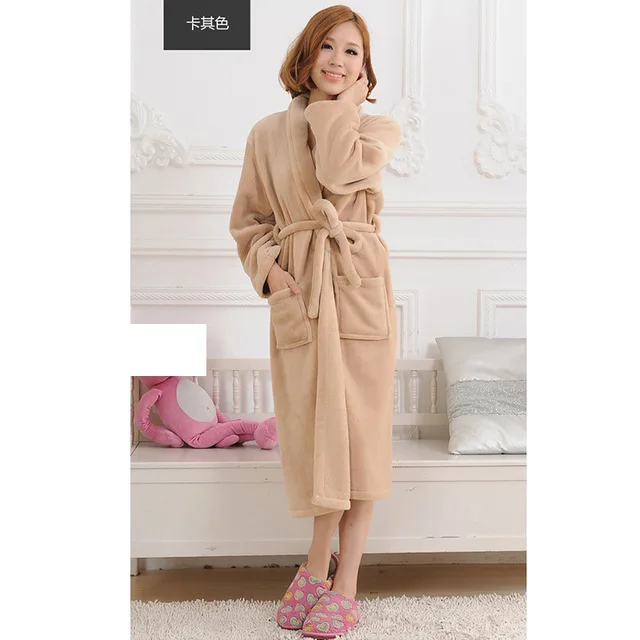 Women Men Flannel Bath Robe Sleepwear Autumn Winter Solid Plush Couple Bathrobe Thick Warm Female Robe Dropshipping - Цвет: Khaki