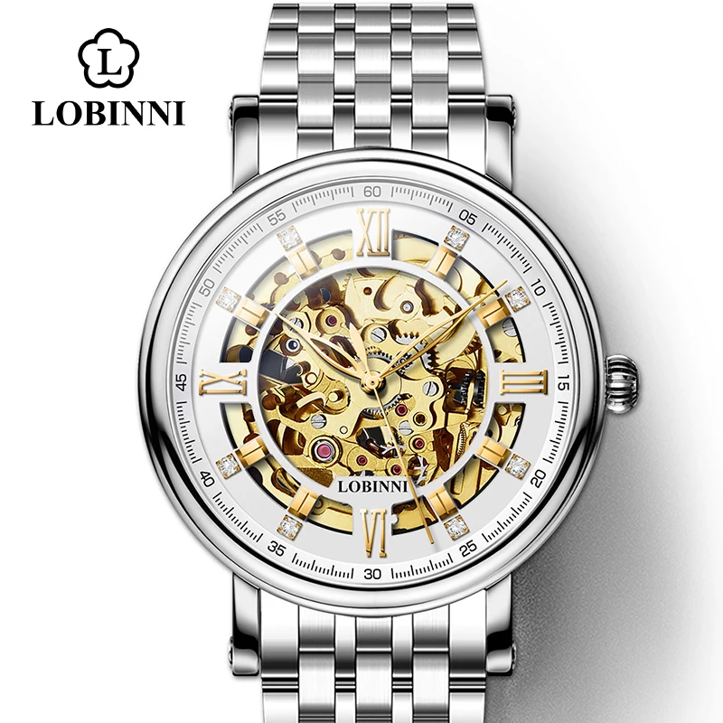 LOBINNI, часы с римским циферблатом, мужские,, Relogio Masculino, автоматическая передача, механические бренды, сталь, Orologio, кожа, стоимость, наручные часы - Цвет: Silver-White