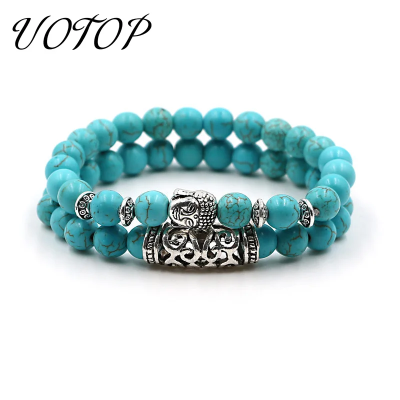 

UOTOP 2pcs/set Handmade Round Natural Stone Bracelet Set Volcanic Lava Tiger Eye Women Men Tibetan Buddha Bracelets Pulseras