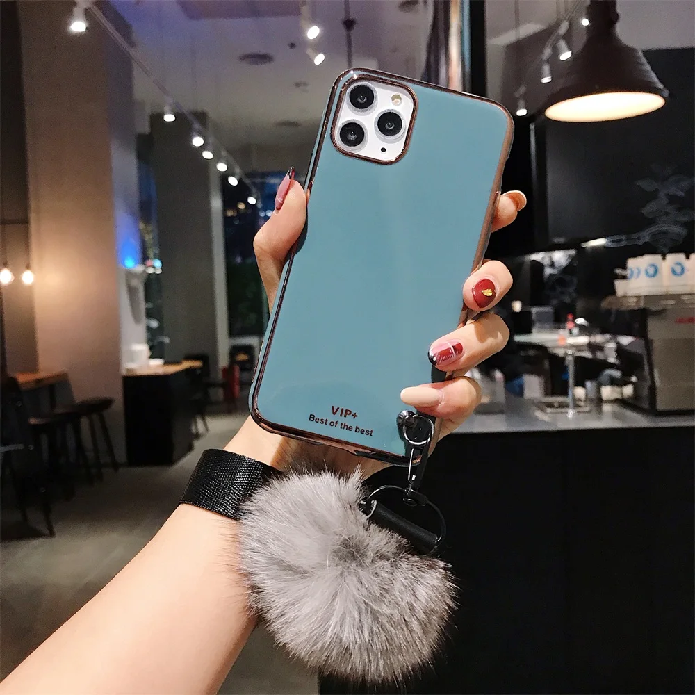 Хит, 6D чехол с покрытием для iPhone 11, 11pro Max, с плюшевым шаровым ремешком, мягкий чехол для телефона из ТПУ для iPhone 6S, 7, 8 Plus, X, XR, XS, MAX, чехол s - Цвет: Grey Blue