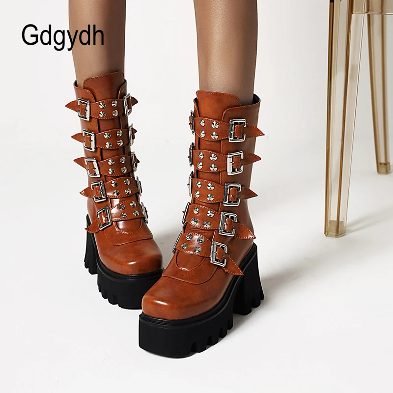 XYKHUI Botas De Plataforma Punk Góticas Para Mujer, Botas De Combate Con Tacón De Cuña Gruesa, Con Cordones Y Cremallera, Punta Redonda, Botas De Motocicleta A Media Pantorrilla