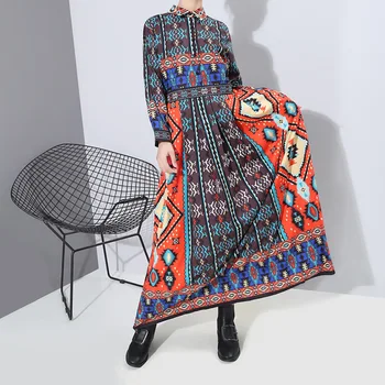 

Women's 2020 New Style Autumn Winter Retro Print Long Dress Geometric Pattern Printed Loose Casual Robe Style Plus Size