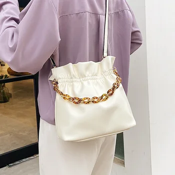 

Acrylic Chain ladies handbag PU Leather Bucket Bags for Women Messenger Bag 2020 Luxury Folds Female totes lady Shoulder Bags