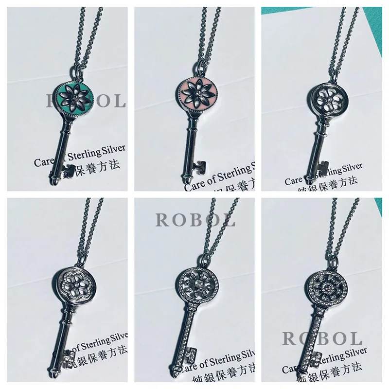 

XL TFB RLLEN High Quality 925 Sterling Silver TIF Classic Round Key Necklace Pendant DIY Jewelry for Ladies and Girls Gifts