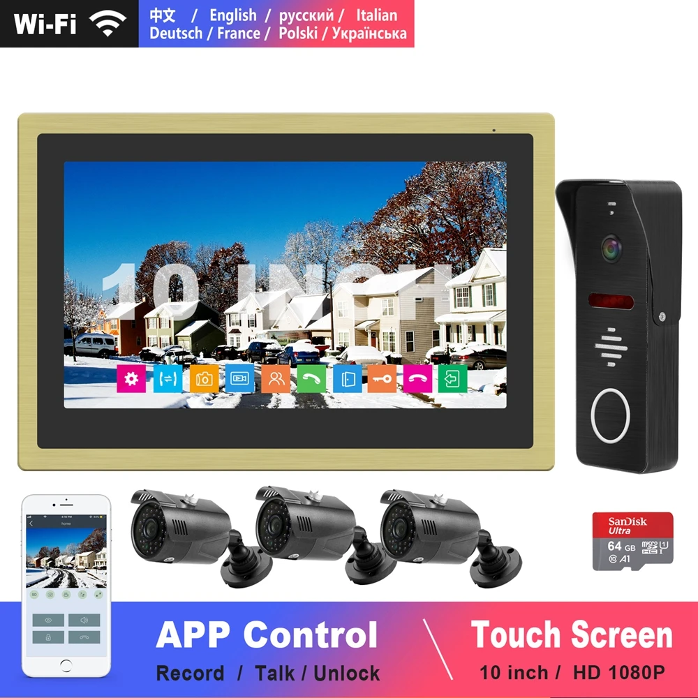 Diagonsview Wifi видеодомофон HD 1080P беспроводной видеодомофон для домашней системы безопасности 10 дюймов сенсорный экран WiFi дверной телефон