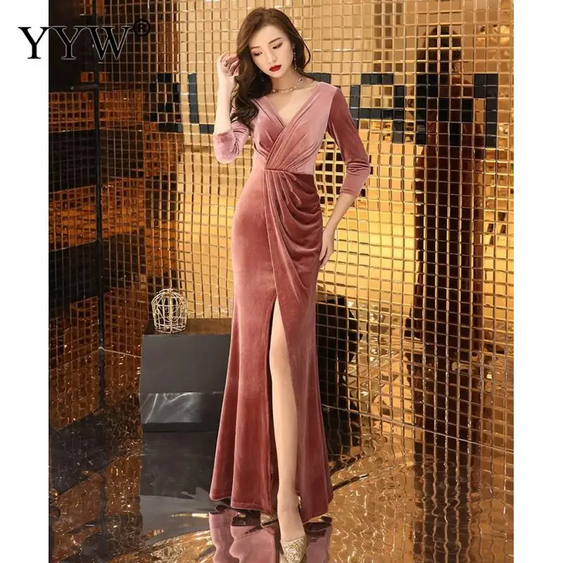 Robe De Soiree, сексуальные велюровые вечерние платья, новинка, v-образный вырез, открытая спина, элегантные, зима-осень, вельветовые вечерние платья, женские вечерние платья