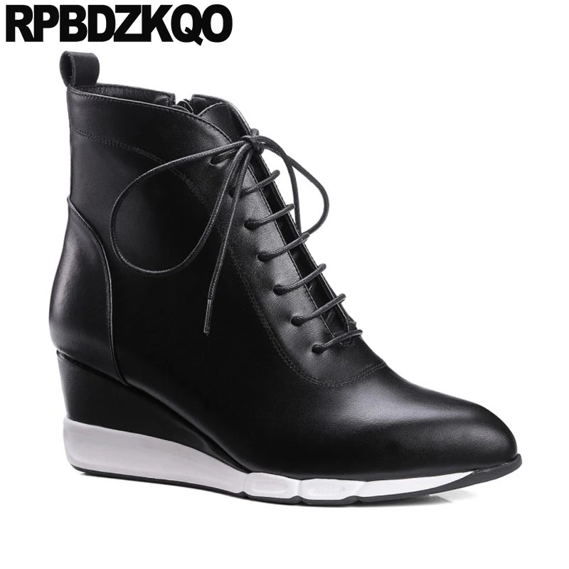 Женские ботильоны из натуральной кожи с острым носком на танкетке|Полусапожки| |