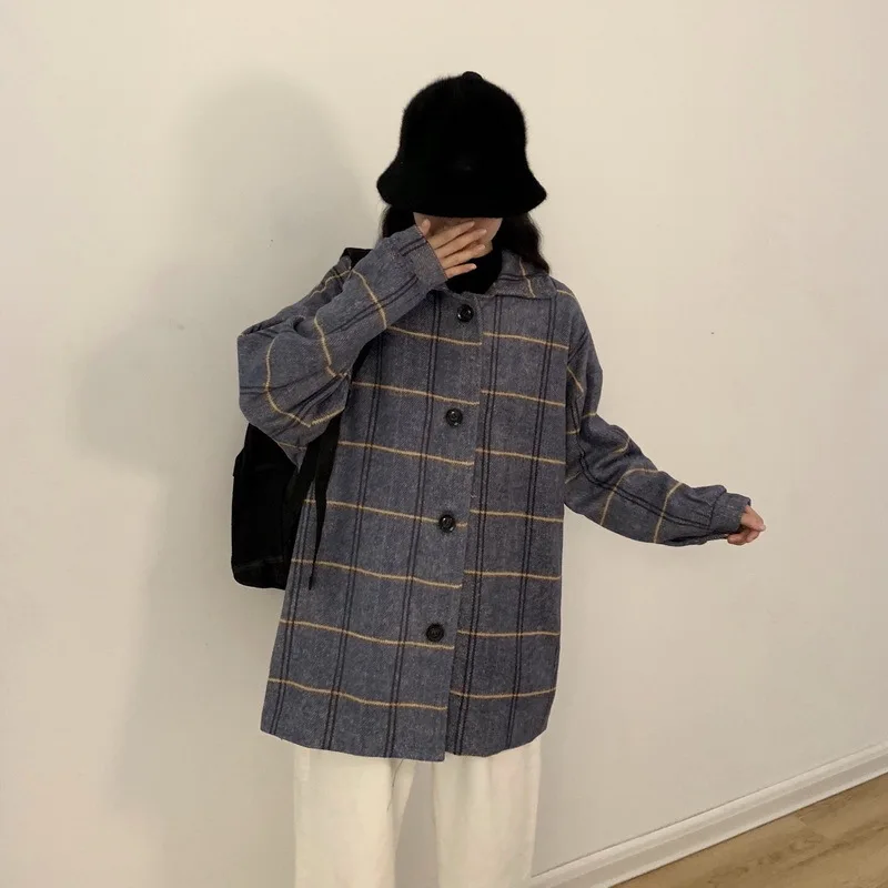 Factory Price Autumn And Winter New Style Korean-style BF Style Loose Retro Plaid Woolen Coat Student Woolen Overcoat