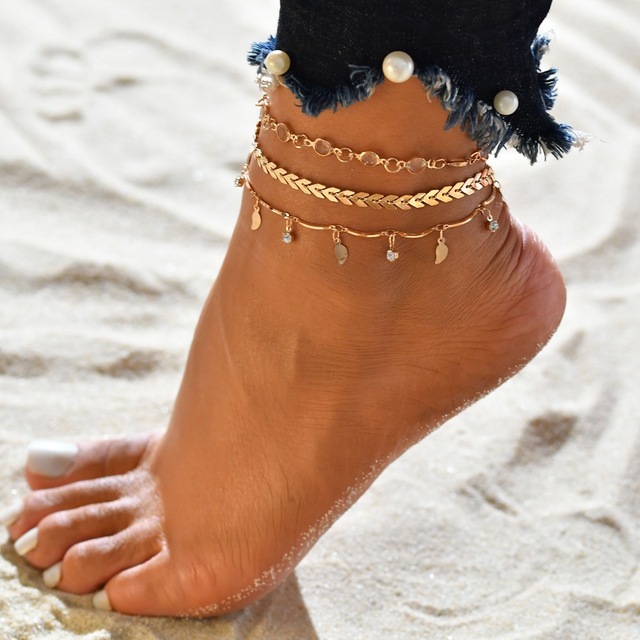 Fashion Key Charm Chain Anklet For Women Boho Heart Ankle Bracelet Set on Leg Beach Foot Jewelry Gift