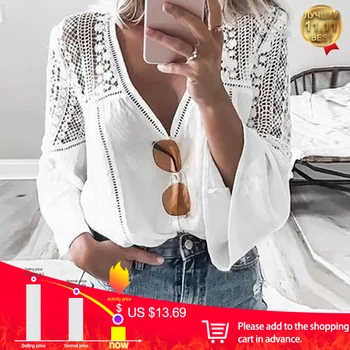 

Women's White V-Neck Lace Blouse Flare Long Sleeve Hollow Out Patchwork Blouses Female 2020 Summer Spring Ladies Casual Tops