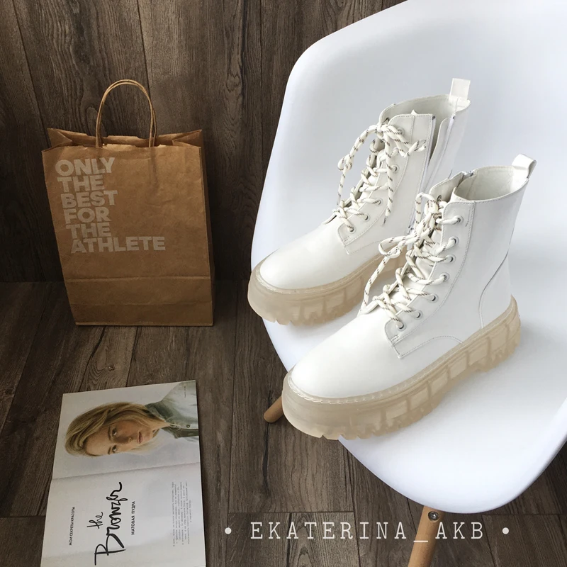 여성용 PVC 투명 힐 앵클 부츠, 화이트 레이스 업 플랫폼 부츠, 여성용 가을 INS 핫 여성 청키 오토바이 부츠, 2023