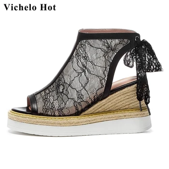 

Vichelo Hot cow leather lace summer sunscreen peep toe high heels straw wedges breathable mature lady dating sandals women L2f2